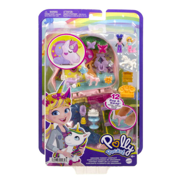 Polly Pocket Unicorn Forest Compact Playset With 2 Micro Dolls & 13 Accessories